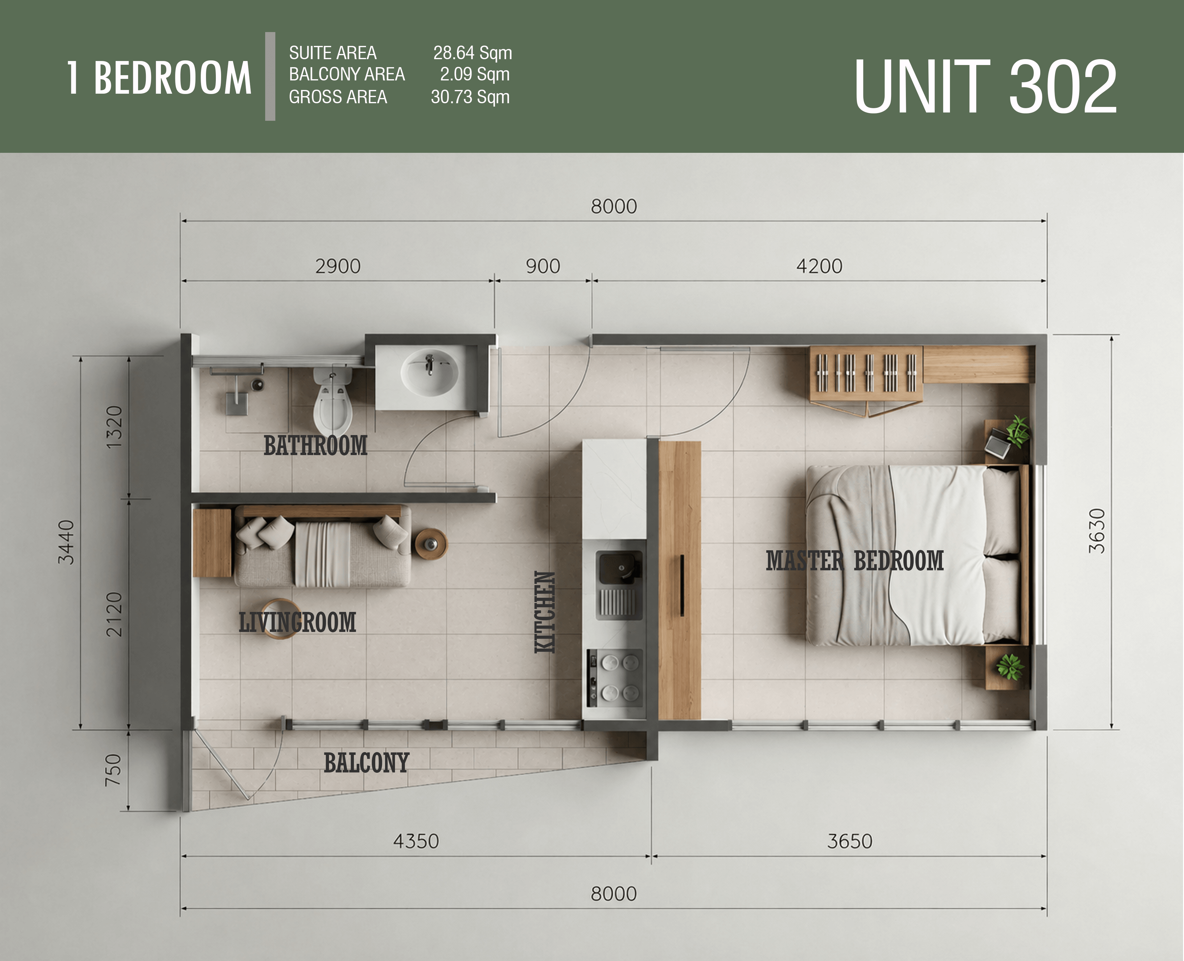 Kerobokan Residence Апартаменты с 1 спальней · тип 02 · 31 м²: план этажа 1