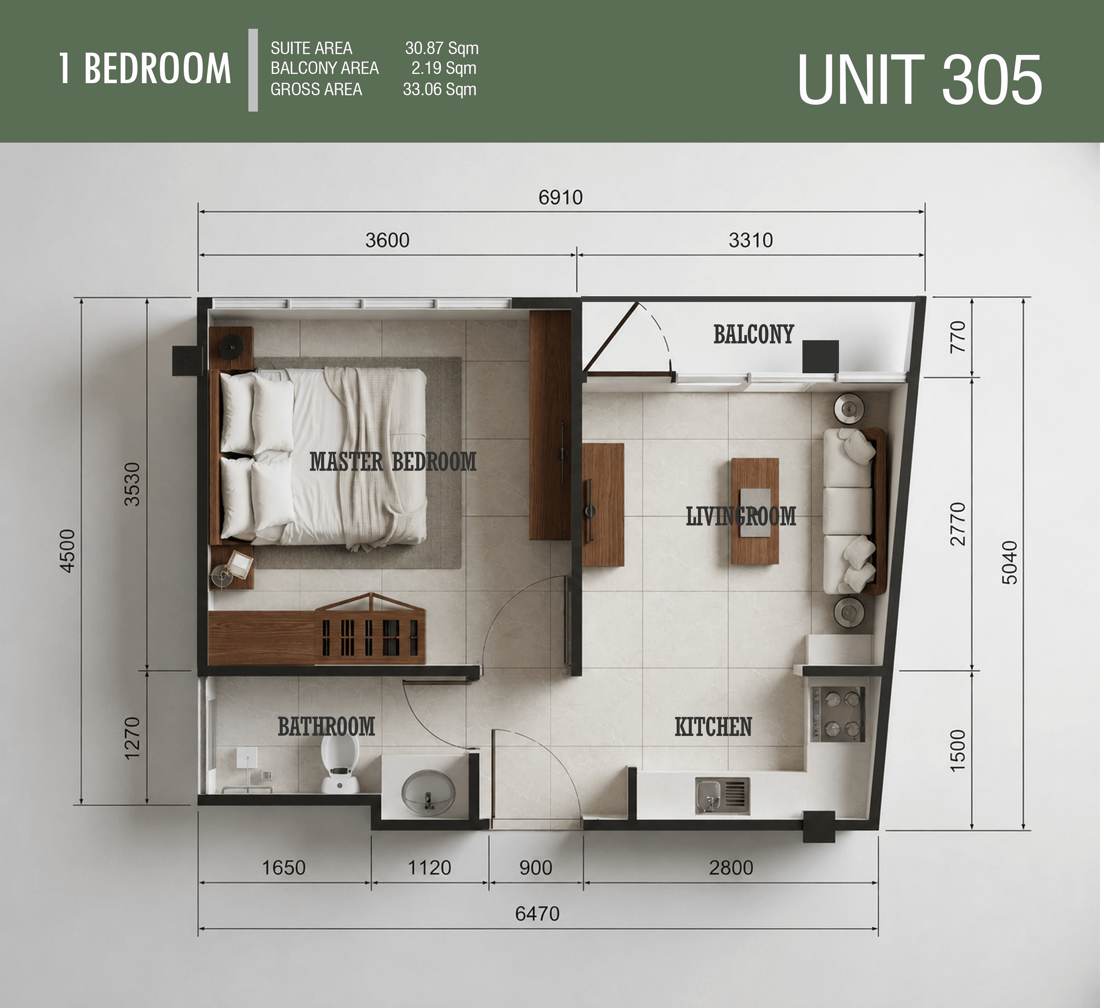 Kerobokan Residence Апартаменты с 1 спальней · тип 05 · 33 м²: план этажа 1