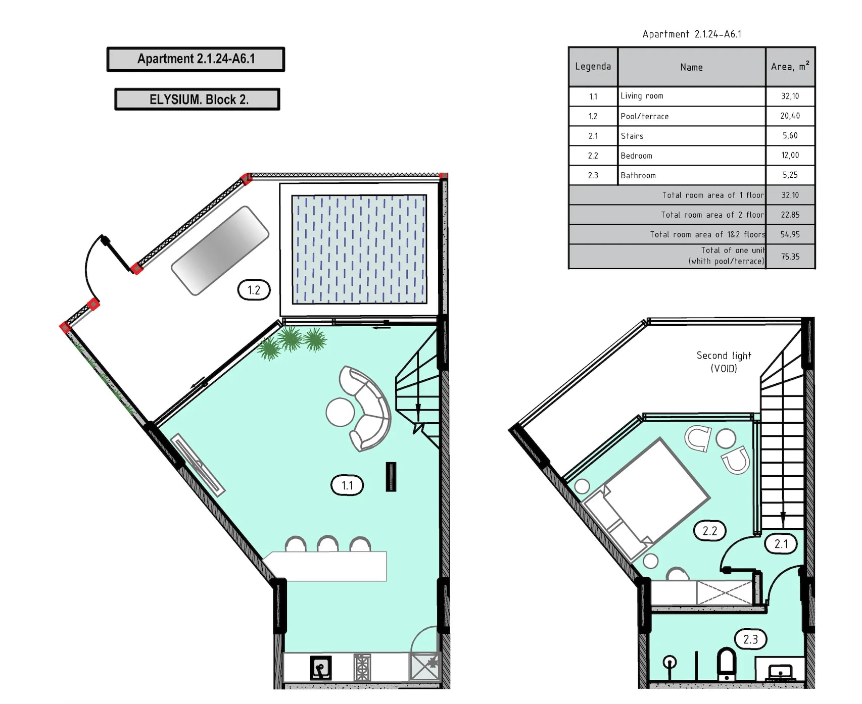 Elysium Eco city 75 m2 (type A6.1): план этажа 2