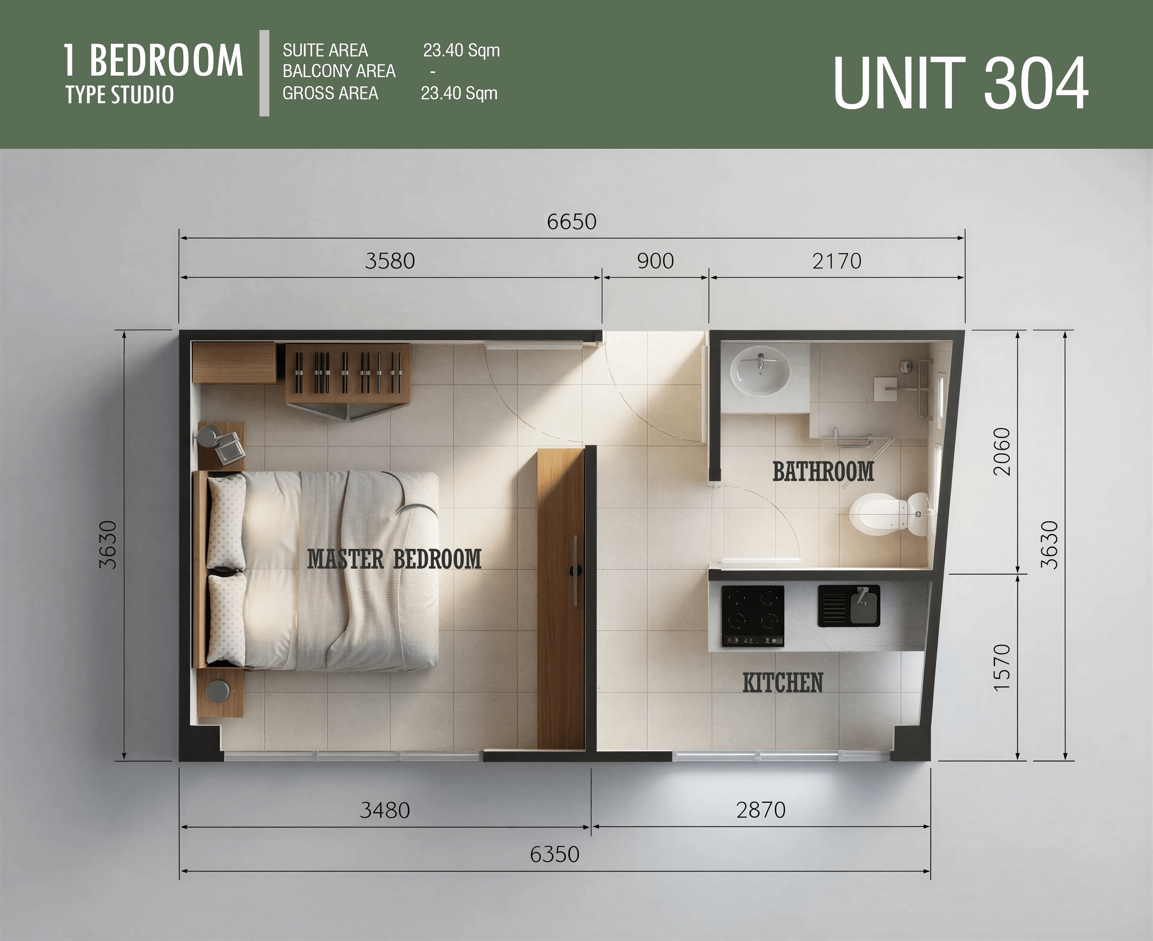 Kerobokan Residence Апартаменты-студия · тип 04 · 23 м²: план этажа 1