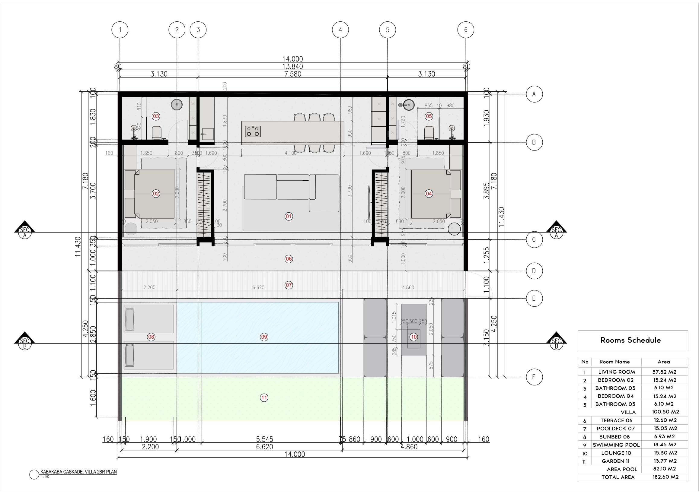 PREDMET.CASCADE 2-Bedroom Villa floor 1 plan